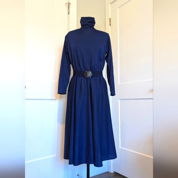 Act Iii Dresses & Skirts - Vintage Act III women's dress size 14 midi belt high neck flair navy blue retro